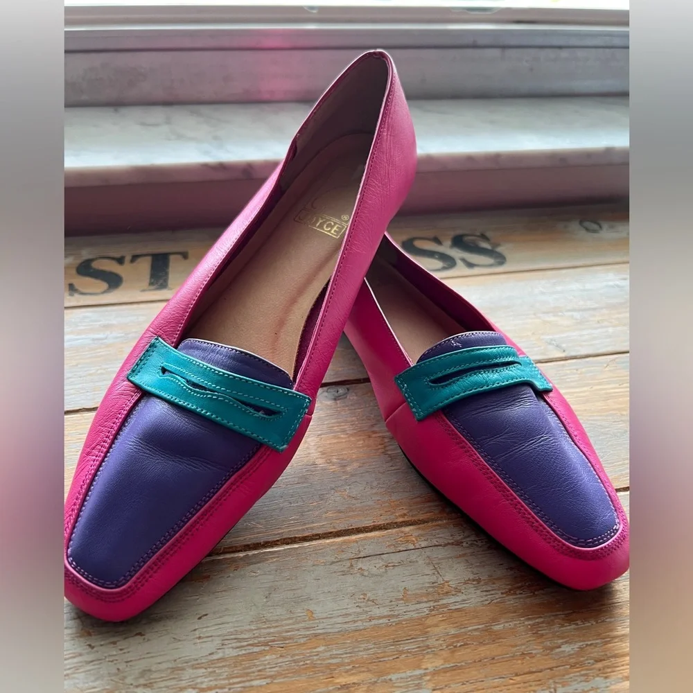 Vintage JOYCE Leather Loafers Colorblock Pink Purple Teal Statement, Size 9 - Picture 4 of 7